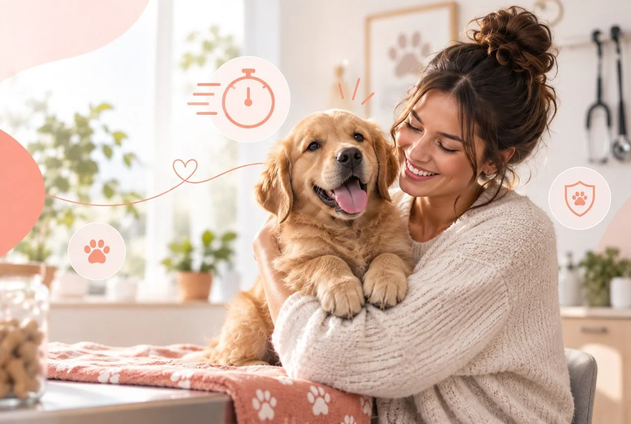 Owner holding a golden-colored dog in a bright room